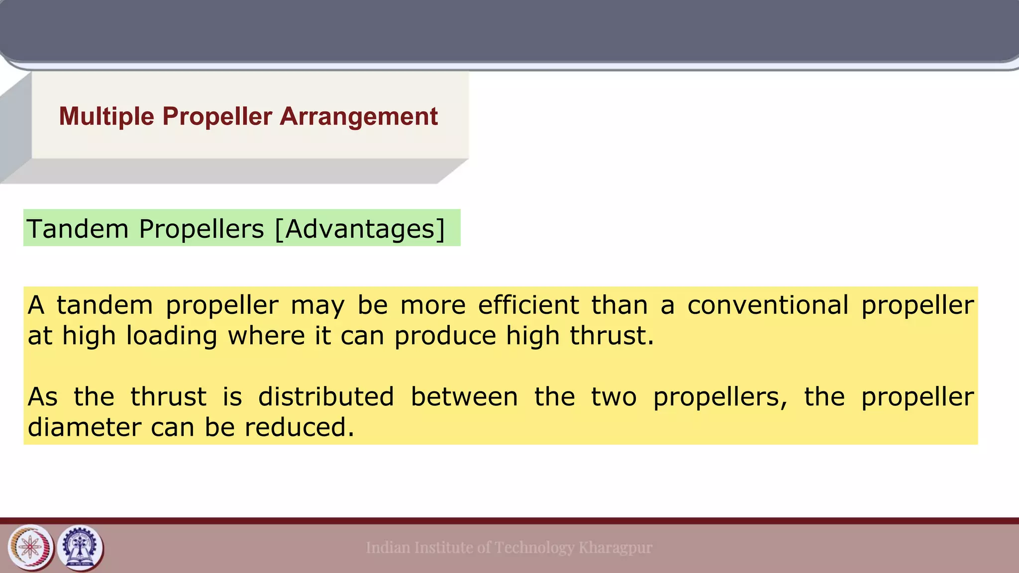 Multiple Propeller Arrangement
Tandem Propellers [Advantages]
A tandem propeller may be more efficient than a conventional propeller
at high loading where it can produce high thrust.
As the thrust is distributed between the two propellers, the propeller
diameter can be reduced.
 