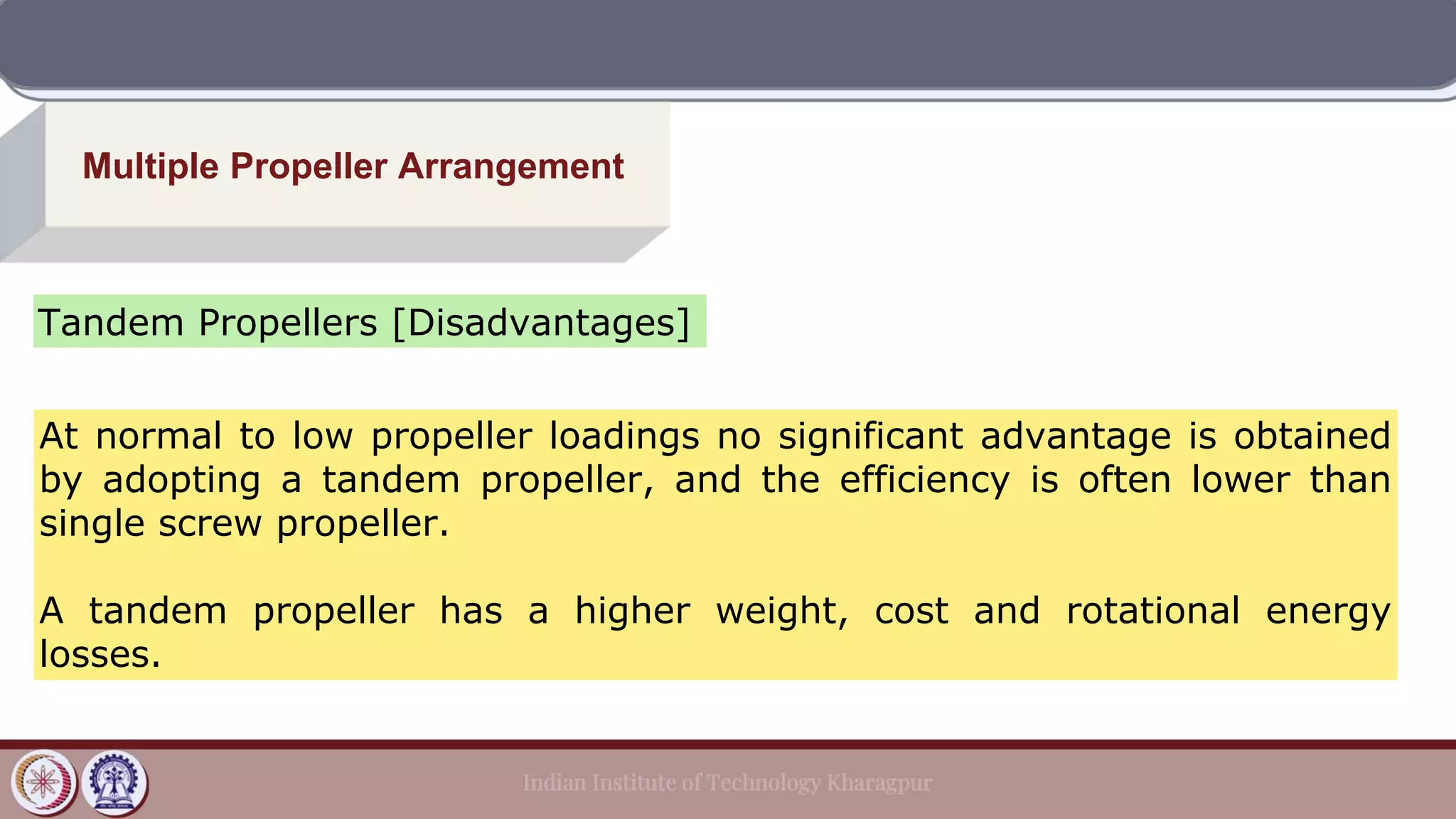 Multiple Propeller Arrangement
Tandem Propellers [Disadvantages]
At normal to low propeller loadings no significant advantage is obtained
by adopting a tandem propeller, and the efficiency is often lower than
single screw propeller.
A tandem propeller has a higher weight, cost and rotational energy
losses.
 