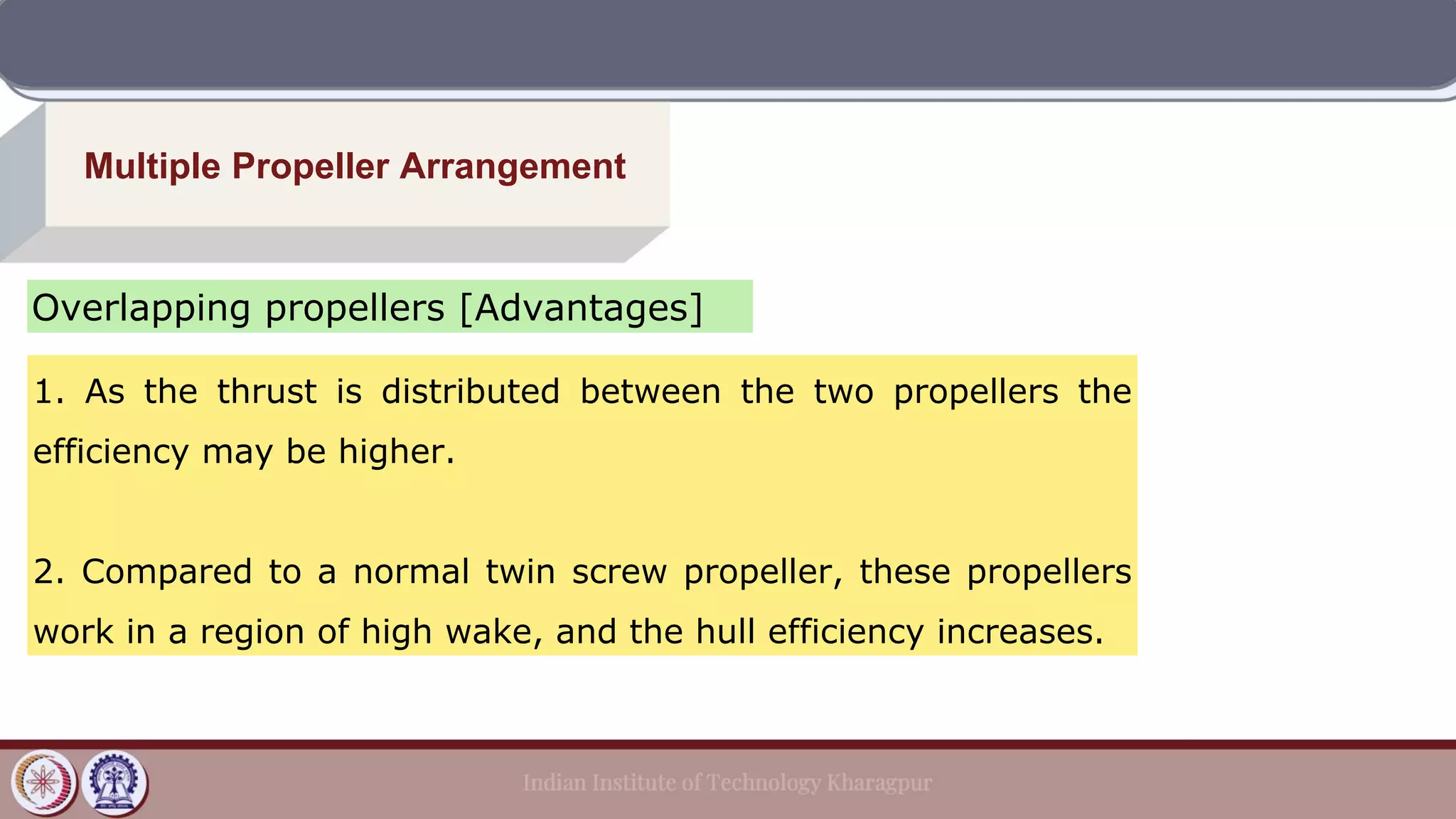 Multiple Propeller Arrangement
Overlapping propellers [Advantages]
1. As the thrust is distributed between the two propellers the
efficiency may be higher.
2. Compared to a normal twin screw propeller, these propellers
work in a region of high wake, and the hull efficiency increases.
 