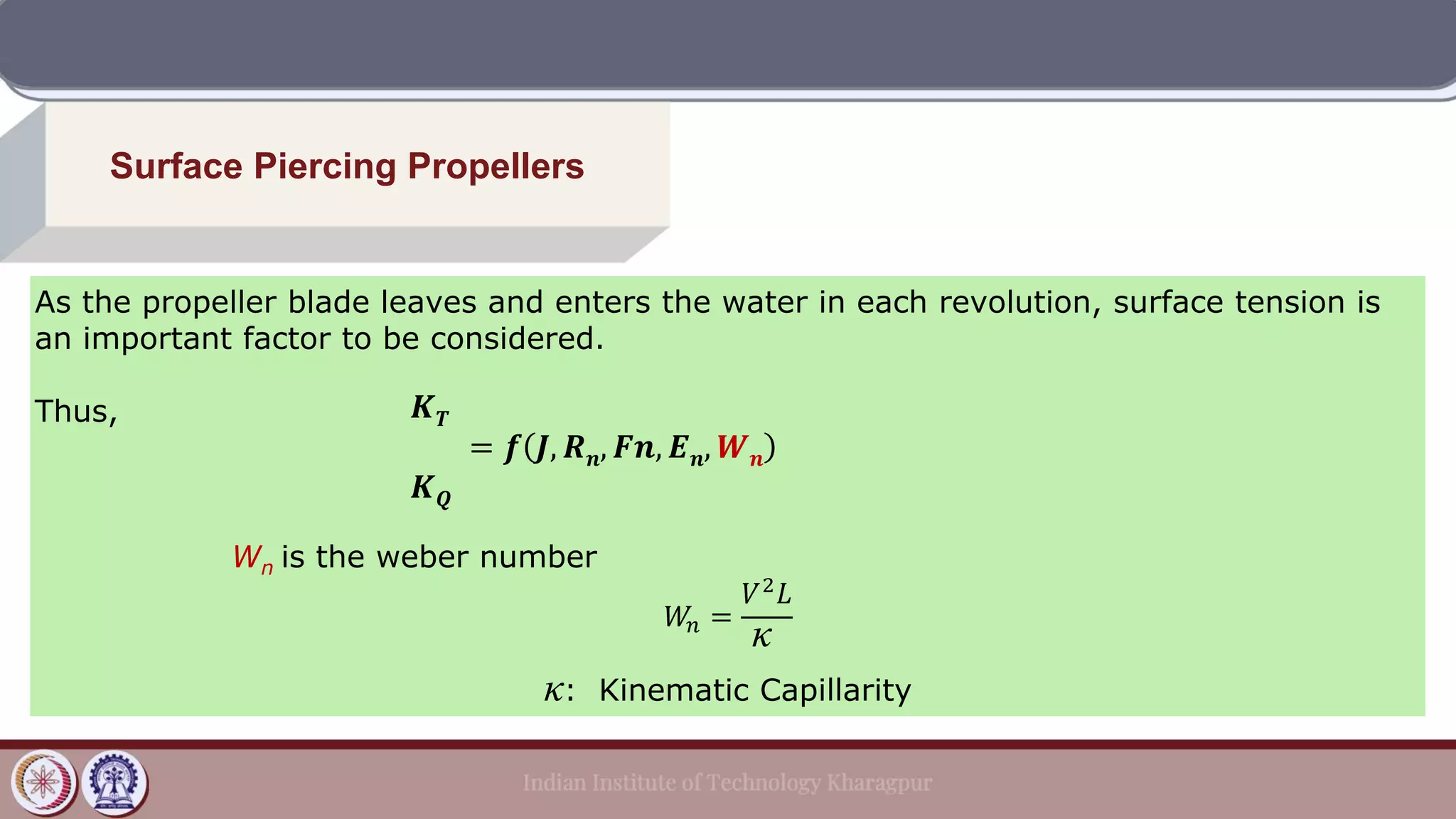 Surface Piercing Propellers
As the propeller blade leaves and enters the water in each revolution, surface tension is
an important factor to be considered.
Thus,
Wn is the weber number
𝑊
𝑛 =
𝑉2
𝐿
κ
κ: Kinematic Capillarity
𝑲𝑻
= 𝒇 𝑱, 𝑹𝒏, 𝑭𝒏, 𝑬𝒏, 𝑾𝒏
𝑲𝑸
 