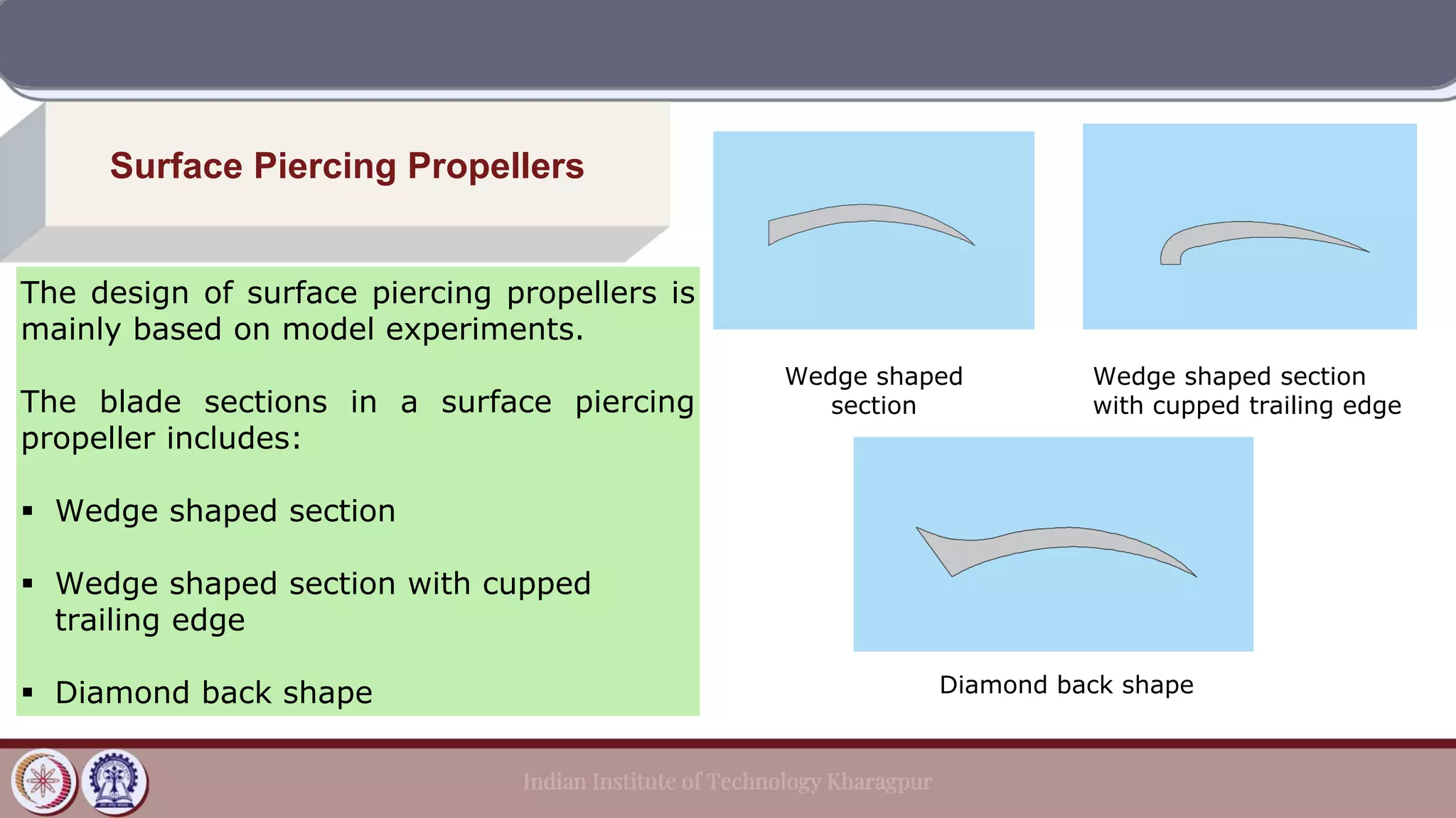 Surface Piercing Propellers
The design of surface piercing propellers is
mainly based on model experiments.
The blade sections in a surface piercing
propeller includes:
▪ Wedge shaped section
▪ Wedge shaped section with cupped
trailing edge
▪ Diamond back shape
Wedge shaped
section
Wedge shaped section
with cupped trailing edge
Diamond back shape
 