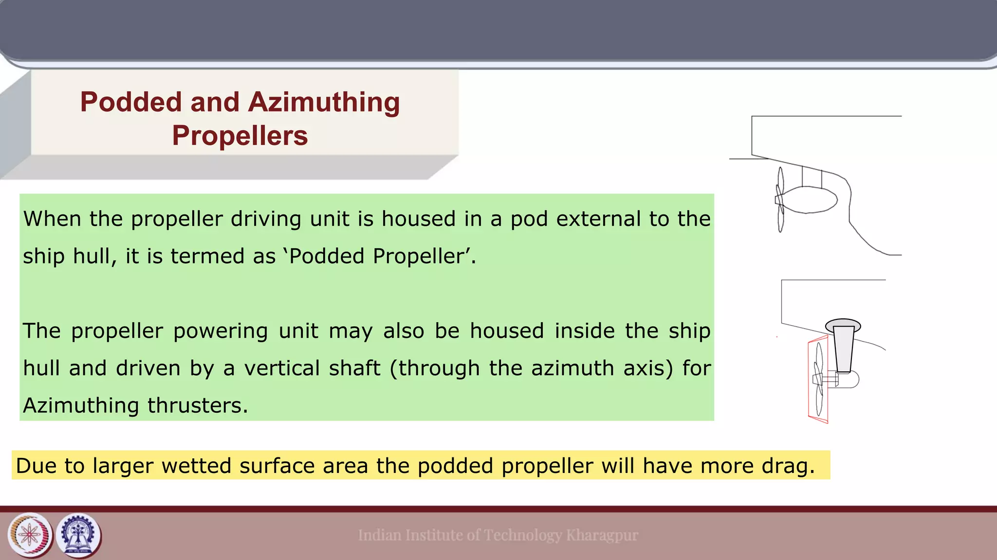 When the propeller driving unit is housed in a pod external to the
ship hull, it is termed as ‘Podded Propeller’.
The propeller powering unit may also be housed inside the ship
hull and driven by a vertical shaft (through the azimuth axis) for
Azimuthing thrusters.
Due to larger wetted surface area the podded propeller will have more drag.
Podded and Azimuthing
Propellers
 