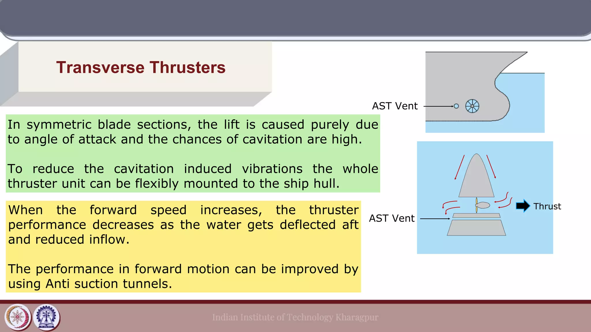 Transverse Thrusters
In symmetric blade sections, the lift is caused purely due
to angle of attack and the chances of cavitation are high.
To reduce the cavitation induced vibrations the whole
thruster unit can be flexibly mounted to the ship hull.
When the forward speed increases, the thruster
performance decreases as the water gets deflected aft
and reduced inflow.
The performance in forward motion can be improved by
using Anti suction tunnels.
AST Vent
AST Vent
Thrust
 