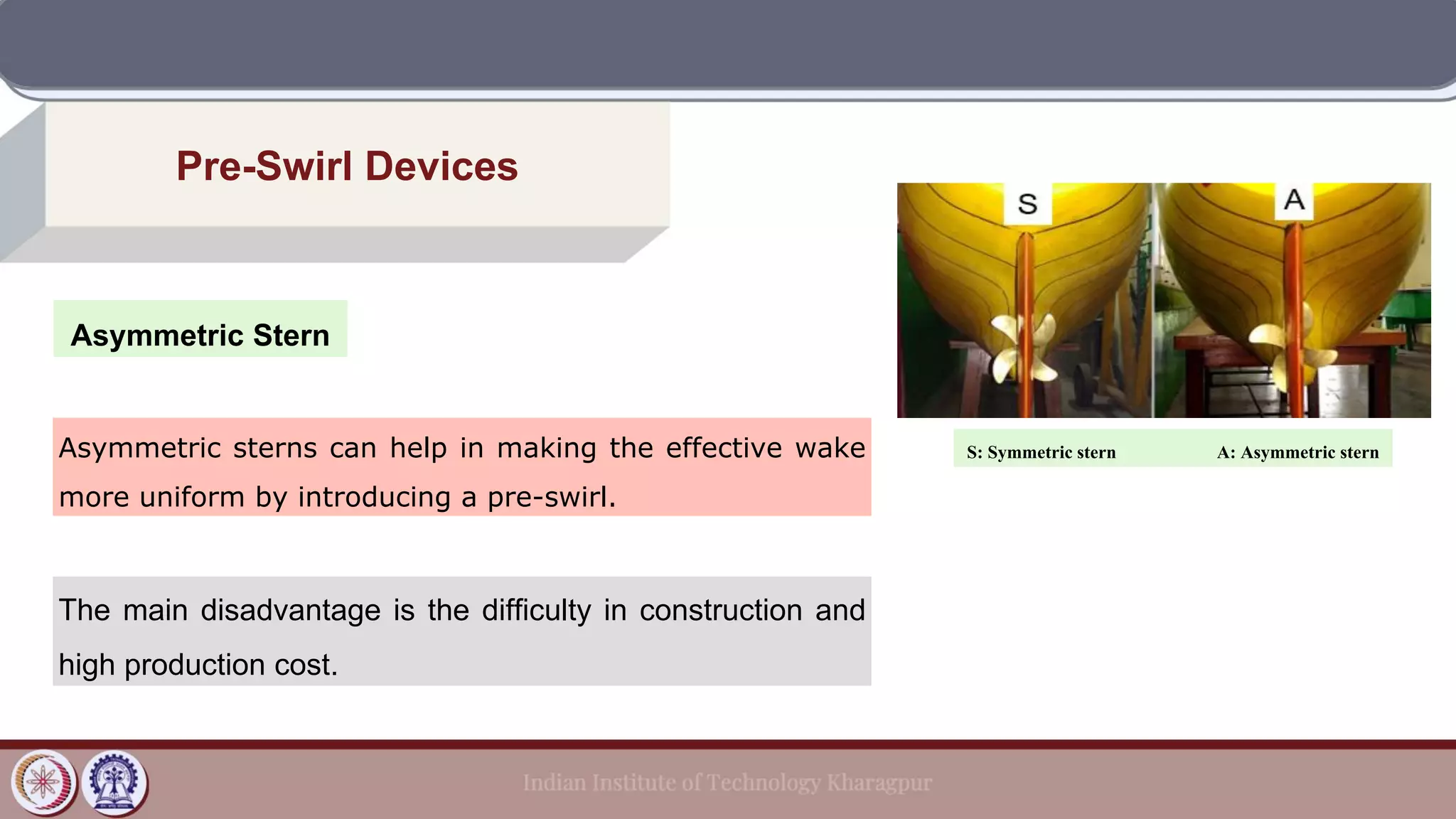 Asymmetric Stern
Pre-Swirl Devices
Asymmetric sterns can help in making the effective wake
more uniform by introducing a pre-swirl.
S: Symmetric stern A: Asymmetric stern
The main disadvantage is the difficulty in construction and
high production cost.
 