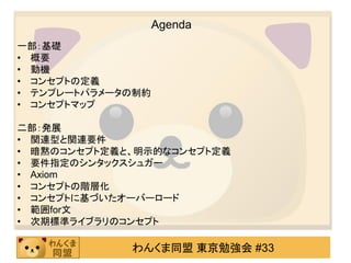 Agenda
一部：基礎
• 概要
• 動機
• コンセプトの定義
• テンプレートパラメータの制約
• コンセプトマップ

二部：発展
• 関連型と関連要件
• 暗黙のコンセプト定義と、明示的なコンセプト定義
• 要件指定のシンタックスシュガー
• Axiom
• コンセプトの階層化
• コンセプトに基づいたオーバーロード
• 範囲for文
• 次期標準ライブラリのコンセプト

             わんくま同盟 東京勉強会 #33
 
