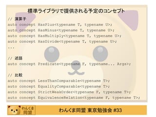 標準ライブラリで提供される予定のコンセプト
// 演算子
auto concept   HasPlus<typename T, typename U>;
auto concept   HasMinus<typename T, typename U>;
auto concept   HasMultiply<typename T, typename U>;
auto concept   HasDivide<typename T, typename U>;
...

// 述語
auto concept Predicate<typename F, typename... Args>;

// 比較
auto concept   LessThanComparable<typename T>;
auto concept   EqualityComparable<typename T>;
auto concept   StrictWeakOrder<typename F, typename T>;
auto concept   EquivalenceRelation<typename F, typename T>;


                       わんくま同盟 東京勉強会 #33
 