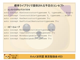 標準ライブラリで提供される予定のコンセプト
// コンストラクタとデストラクタ
auto concept HasConstructor<typename T, typename... Args>;
auto concept Constructible<typename T, typename... Args>;
auto concept HasDestructor<typename T>;
auto concept HasVirtualDestructor<typename T>;

// コピーとムーブ
auto concept MoveConstructible<typename T>;
auto concept CopyConstructible<typename T>;
auto concept MoveAssignable<typename T>;
auto concept CopyAssignable<typename T>;




                     わんくま同盟 東京勉強会 #33
 