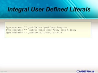 cyberplus
Integral User Defined Literals
Type operator "" _suffix(unsigned long long x);
Type operator "" _suffix(const char *str, size_t len);
Type operator "" _suffix<'c1','c2','c3'>();
 