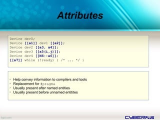 cyberplus
Attributes
Device dev0;
Device [[a1]] dev1 [[a2]];
Device dev2 [[a3, a4]];
Device dev3 [[a5(i,j)]];
Device dev4 [[NS::a6]];
[[a7]] while (!ready) { /* ... */ }
➢
Help convey information to compilers and tools
➢
Replacement for #pragma
➢
Usually present after named entities
➢
Usually present before unnamed entitites
 