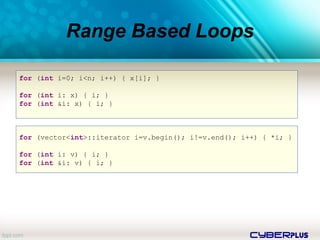 cyberplus
Range Based Loops
for (int i=0; i<n; i++) { x[i]; }
for (int i: x) { i; }
for (int &i: x) { i; }
for (vector<int>::iterator i=v.begin(); i!=v.end(); i++) { *i; }
for (int i: v) { i; }
for (int &i: v) { i; }
 