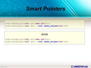 cyberplus
Smart Pointers
std::shared_ptr<int> ptr(new int(5));
std::shared_ptr<int> ptr = std::make_shared<int>(5);
C++14
std::unique_ptr<int> ptr(new int(5));
std::unique_ptr<int> ptr = std::make_unique<int>(5);
 