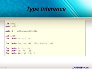 cyberplus
Type Inference
int x=10;
auto y=10;
auto d = getCurrentDate();
int x[10];
for (auto i: x) { i; }
for (auto i=v.begin(); i!=v.end(); i++)
for (auto i: v) { i; }
for (auto &i: v) { i; }
for (auto &&i: v) { i; }
 
