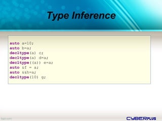 cyberplus
Type Inference
auto a=10;
auto b=a;
decltype(a) c;
decltype(a) d=a;
decltype((a)) e=a;
auto &f = a;
auto &&h=a;
decltype(10) g;
 