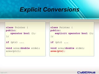 cyberplus
Explicit Conversions
class Pointer {
public:
operator bool ();
};
if (ptr) ...
void area(double side);
area(ptr);
class Pointer {
public:
explicit operator bool ();
};
if (ptr) ...
void area(double side);
area(ptr);
 