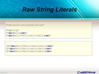 cyberplus
Raw String Literals
R"delimiter(string)delimiter"
R"(Hello)"
R"abc(Hello)abc"
R"abc(Hello"HelloHello)Hello)abc"
u8R"abc(Hello"HelloHello)Hello)abc"
uR"abc(Hello"HelloHello)Hello)abc"
UR"abc(Hello"HelloHello)Hello)abc"
 