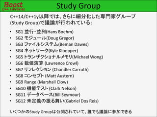 Study Group
C++14/C++1y以降では、さらに細分化した専門家グループ
(Study Group)で議論が行われている：
• SG1 並行・並列(Hans Boehm)
• SG2 モジュール(Doug Gregor)
• SG3 ファイルシステム(Beman Dawes)
• SG4 ネットワーク(Kyle Kloepper)
• SG5 トランザクショナルメモリ(Michael Wong)
• SG6 数値演算 (Lawrence Crowl)
• SG7 リフレクション (Chandler Carruth)
• SG8 コンセプト (Matt Austern)
• SG9 Range (Marshall Clow)
• SG10 機能テスト (Clark Nelson)
• SG11 データベース(Bill Seymour)
• SG12 未定義の振る舞い(Gabriel Dos Reis)
いくつかのStudy Groupは公開されていて、誰でも議論に参加できる
 