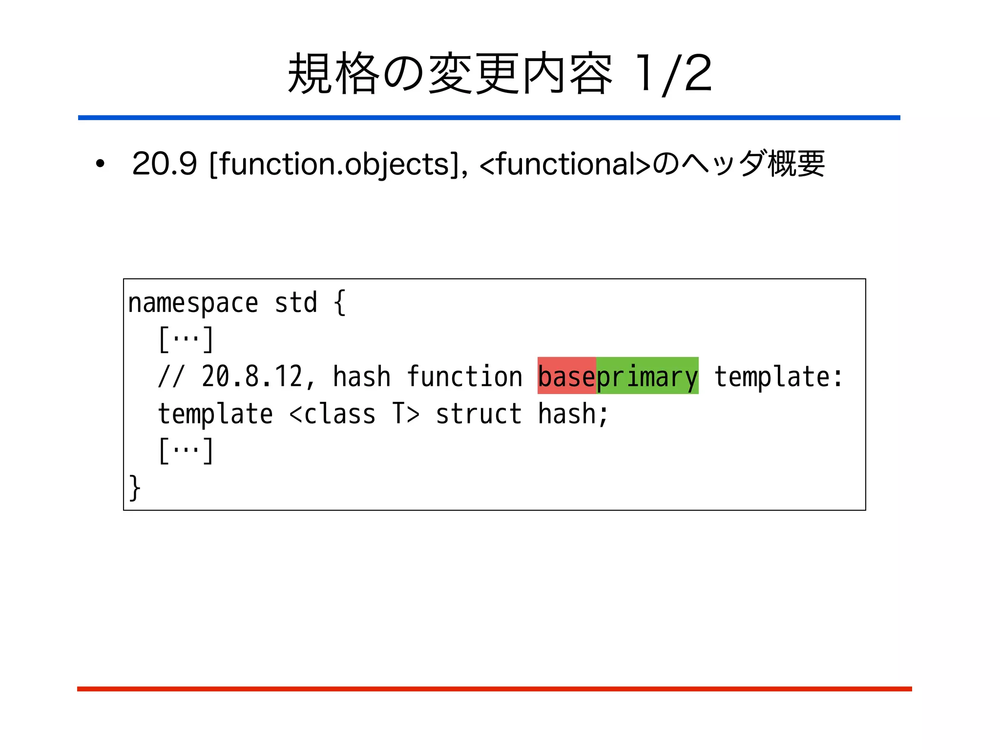 規格の変更内容 1/2
• 20.9 [function.objects], <functional>のヘッダ概要
namespace std {
[…]
// 20.8.12, hash function baseprimary template:
template <class T> struct hash;
[…]
}
 