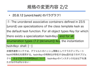 規格の変更内容 2/2
• 20.8.12 [unord.hash] のパラグラフ1
-1- The unordered associative containers deﬁned in 23.5
[unord] use specializations of the class template hash as
the default hash function. For all object types Key for which
there exists a specialization hash<Key>, and for all
enumeration types (7.2 [dcl.enum]) Key, the instantiation
hash<Key> shall: […]
非順序連想コンテナは、デフォルトのハッシュ関数としてクラステンプレート
hashの特殊化を使用する。hash<Key>の特殊化が存在するKey型の全てのオブジェ
クト、および全ての列挙型Keyについて、hash<Key>のインスタンス化は以下を満
たさなければならない：
 