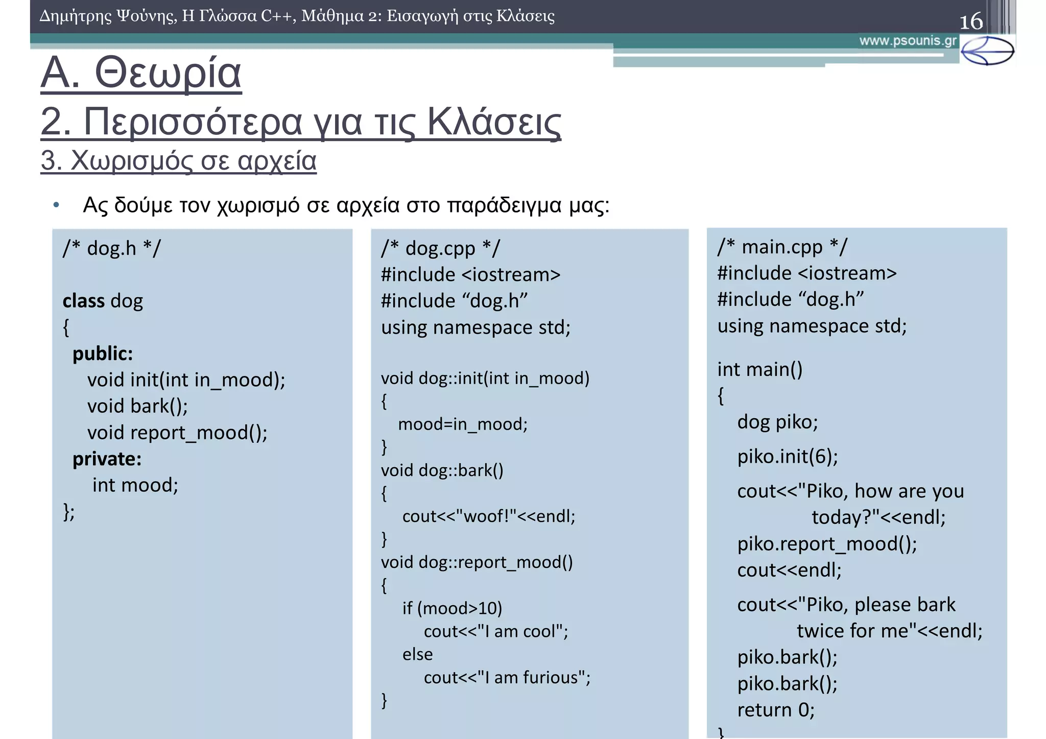 A. Θεωρία
2. Περισσότερα για τις Κλάσεις
3. Χωρισμός σε αρχεία
• Ας δούμε τον χωρισμό σε αρχεία στο παράδειγμα μας:
16Δημήτρης Ψούνης, Η Γλώσσα C++, Μάθημα 2: Εισαγωγή στις Κλάσεις
/* dog.h */
class dog
{
public:
void init(int in_mood);
void bark();
void report_mood();
private:
int mood;
};
/* dog.cpp */
#include <iostream>
#include “dog.h”
using namespace std;
void dog::init(int in_mood)
{
mood=in_mood;
}
void dog::bark()
{
cout<<"woof!"<<endl;
}
void dog::report_mood()
{
if (mood>10)
cout<<"I am cool";
else
cout<<"I am furious";
}
/* main.cpp */
#include <iostream>
#include “dog.h”
using namespace std;
int main()
{
dog piko;
piko.init(6);
cout<<"Piko, how are you
today?"<<endl;
piko.report_mood();
cout<<endl;
cout<<"Piko, please bark
twice for me"<<endl;
piko.bark();
piko.bark();
return 0;
 