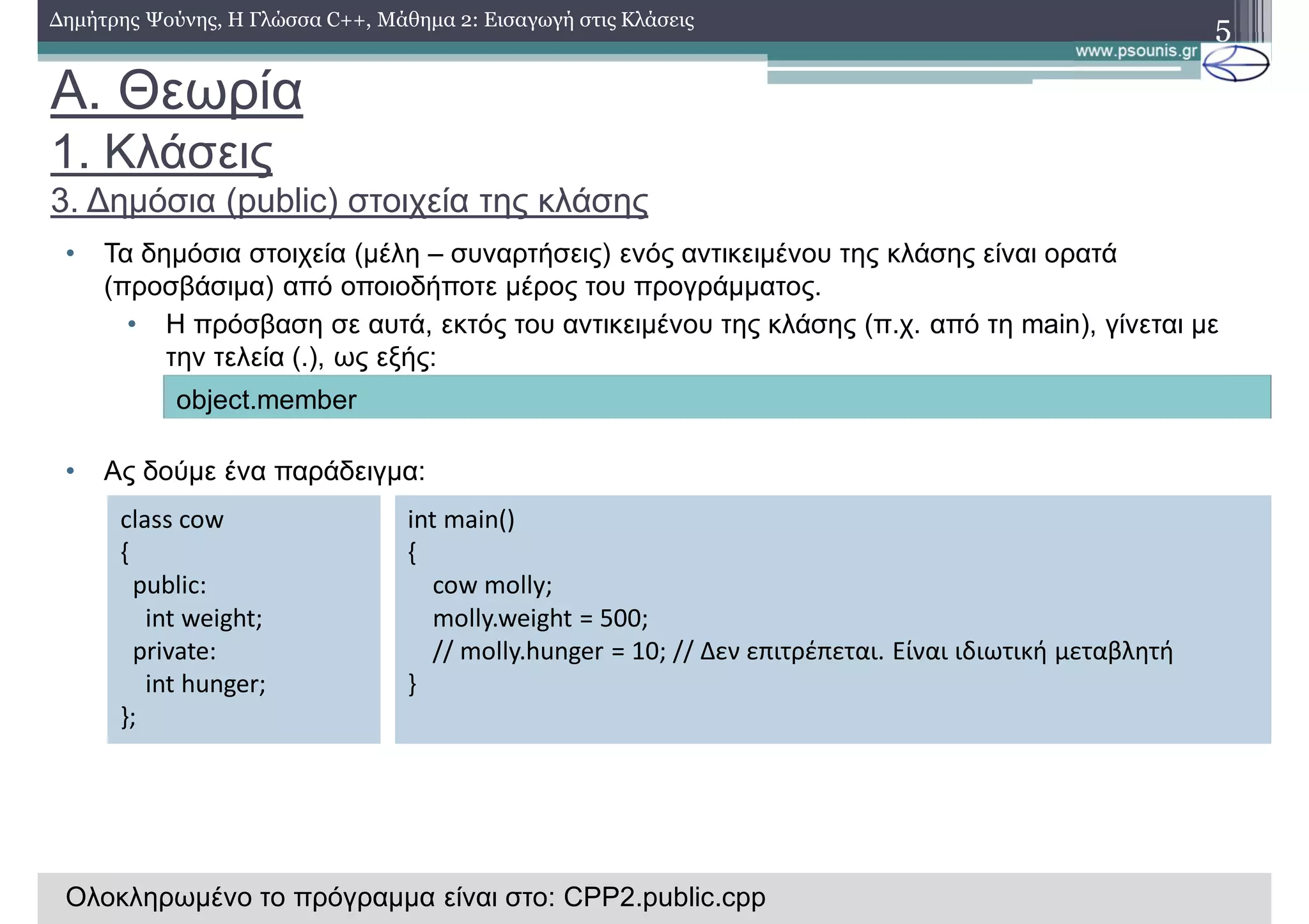 A. Θεωρία
1. Κλάσεις
3. Δημόσια (public) στοιχεία της κλάσης
• Τα δημόσια στοιχεία (μέλη – συναρτήσεις) ενός αντικειμένου της κλάσης είναι ορατά
(προσβάσιμα) από οποιοδήποτε μέρος του προγράμματος.
• Η πρόσβαση σε αυτά, εκτός του αντικειμένου της κλάσης (π.χ. από τη main), γίνεται με
την τελεία (.), ως εξής:
• Ας δούμε ένα παράδειγμα:
5Δημήτρης Ψούνης, Η Γλώσσα C++, Μάθημα 2: Εισαγωγή στις Κλάσεις
object.member
class cow
{
public:
int weight;
private:
int hunger;
};
int main()
{
cow molly;
molly.weight = 500;
// molly.hunger = 10; // Δεν επιτρέπεται. Είναι ιδιωτική μεταβλητή
}
Ολοκληρωμένο το πρόγραμμα είναι στο: CPP2.public.cpp
 