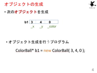 オブジェクトの生成
• 次のオブジェクトを生成
4
• オブジェクト生成を行うプログラム
b1 3 4 0
_x _y _color
 