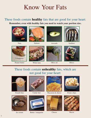 These foods contain healthy fats that are good for your heart:
Remember, even with healthy fats you need to watch your portion size.
Know Your Fats
These foods contain unhealthy fats, which are
not good for your heart:
2 teaspoons
SalmonNuts SardinesAvocado
Peanut butter White tuna Olive oil Olives
French fries Candy bars Macaroni & cheese Potato chips
BaconIce cream Butter / margarine Cheese
7
 