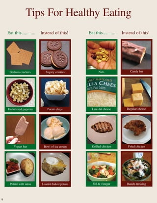 Eat this............ Instead of this!
9
Tips For Healthy Eating
Sugary cookiesGraham crackers
Potato chipsUnbuttered popcorn
Bowl of ice creamYogurt bar
Loaded baked potatoPotato with salsa
Candy barNuts
Regular cheeseLow-fat cheese
Fried chickenGrilled chicken
Ranch dressingOil & vinegar
Eat this............ Instead of this!
 