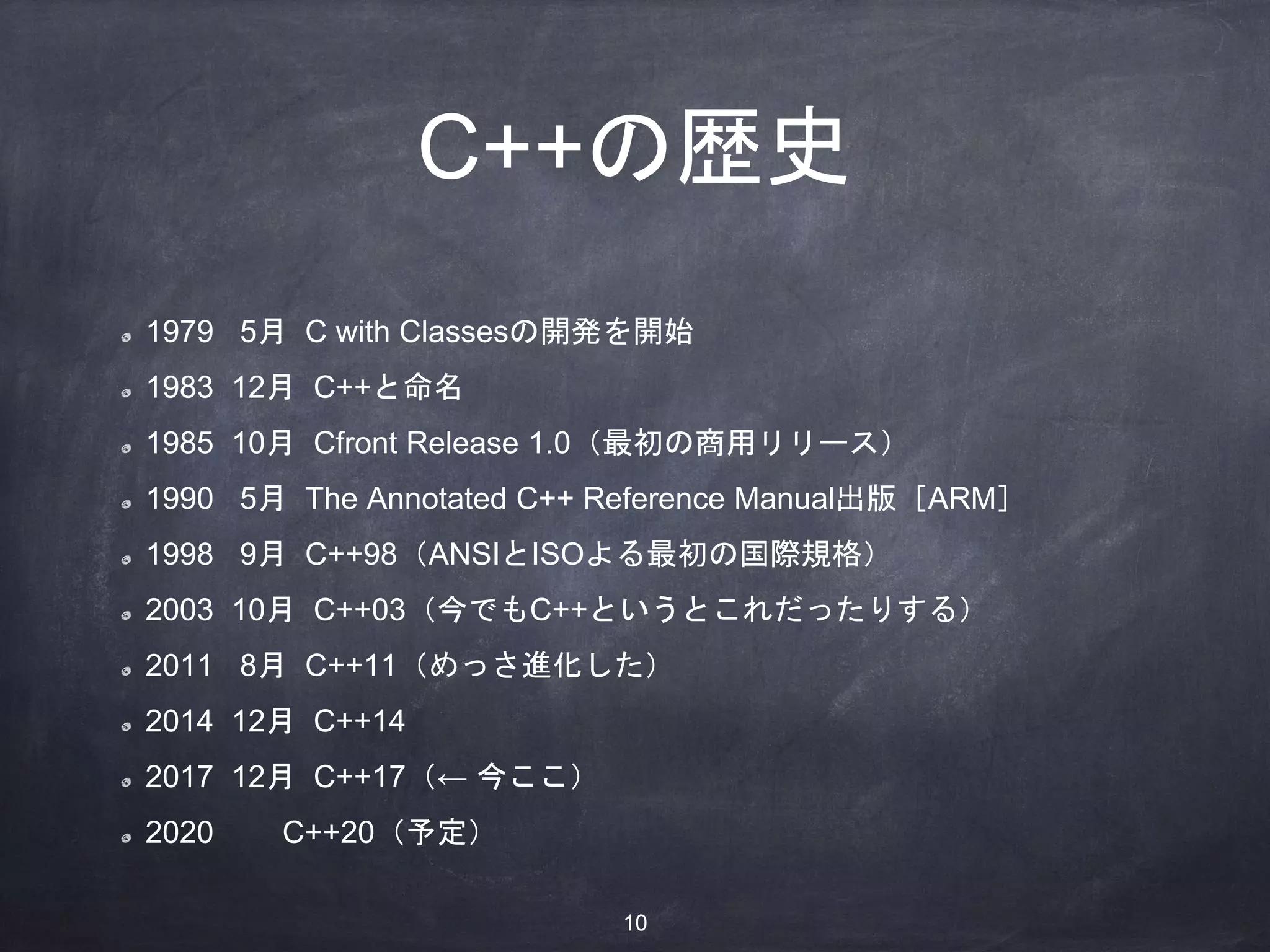 C++の歴史
1979 5月 C with Classesの開発を開始
1983 12月 C++と命名
1985 10月 Cfront Release 1.0（最初の商用リリース）
1990 5月 The Annotated C++ Reference Manual出版［ARM］
1998 9月 C++98（ANSIとISOよる最初の国際規格）
2003 10月 C++03（今でもC++というとこれだったりする）
2011 8月 C++11（めっさ進化した）
2014 12月 C++14
2017 12月 C++17（← 今ここ）
2020 C++20（予定）
10
 