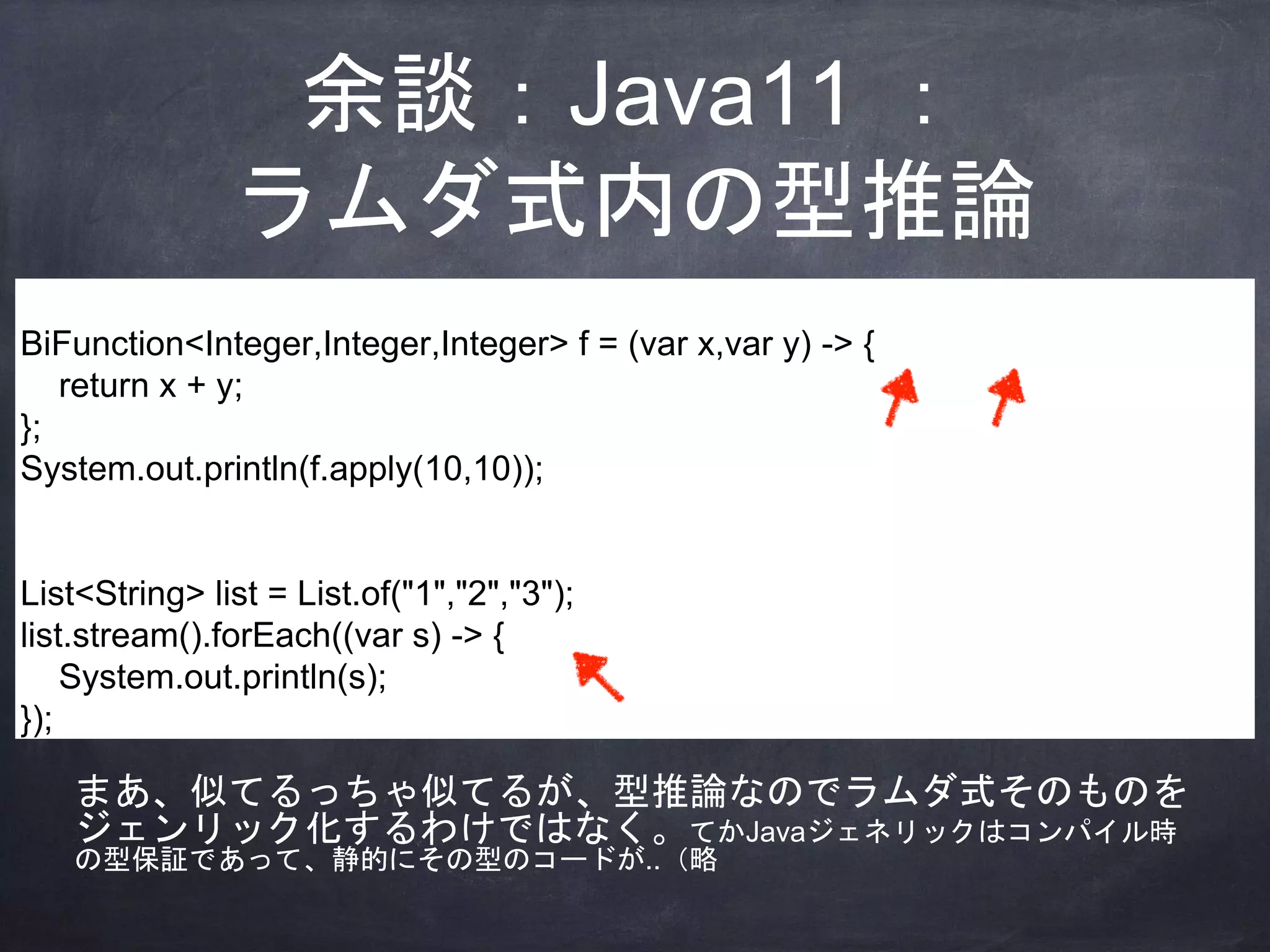 余談：Java11 ：
ラムダ式内の型推論
BiFunction<Integer,Integer,Integer> f = (var x,var y) -> {
return x + y;
};
System.out.println(f.apply(10,10));
List<String> list = List.of("1","2","3");
list.stream().forEach((var s) -> {
System.out.println(s);
});
まあ、似てるっちゃ似てるが、型推論なのでラムダ式そのものを
ジェンリック化するわけではなく。てかJavaジェネリックはコンパイル時
の型保証であって、静的にその型のコードが..（略
 