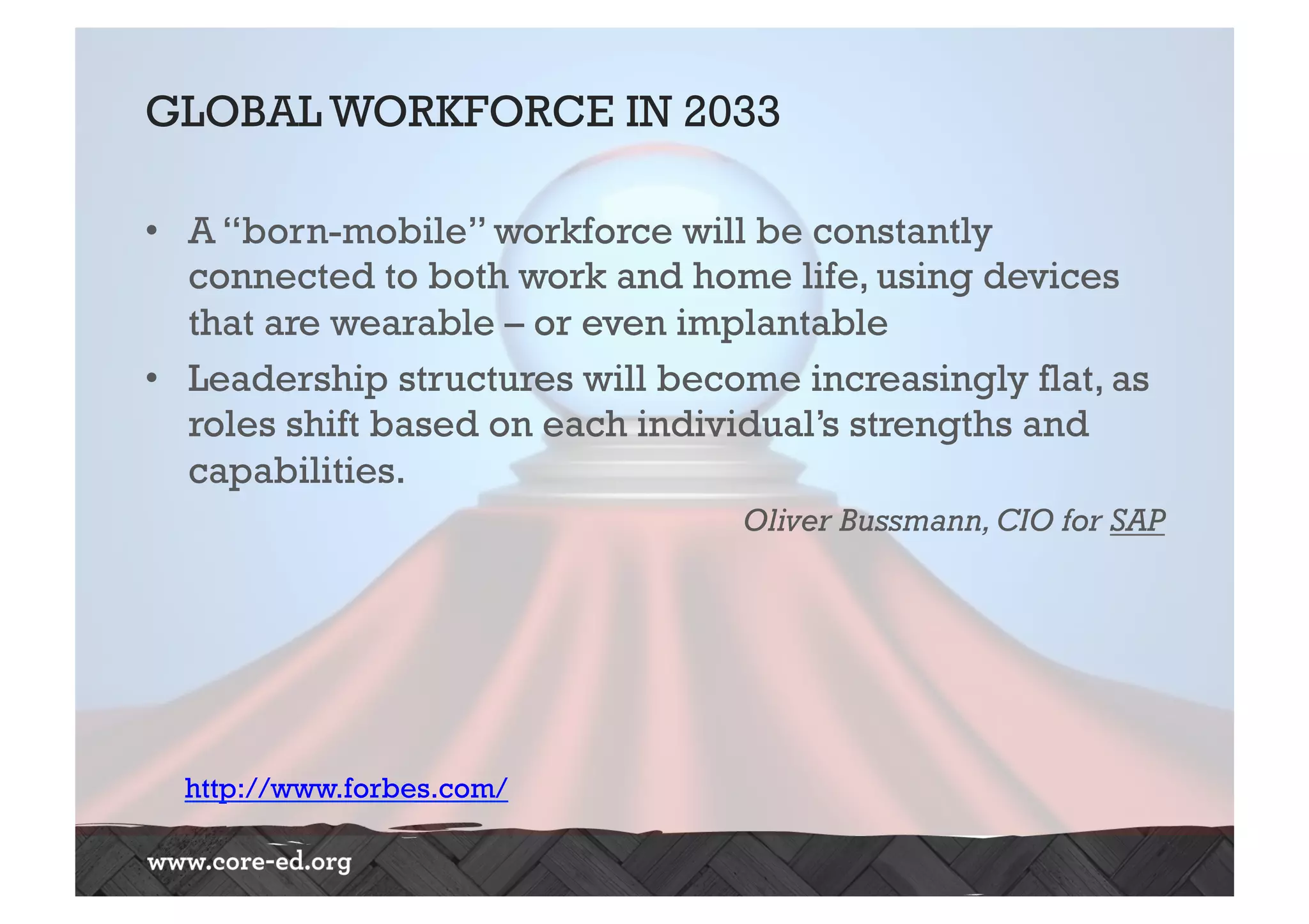 GLOBAL WORKFORCE IN 2033
•  A “born-mobile” workforce will be constantly
connected to both work and home life, using devices
that are wearable – or even implantable
•  Leadership structures will become increasingly flat, as
roles shift based on each individual’s strengths and
capabilities.
Oliver Bussmann,CIO for SAP
http://www.forbes.com/
 