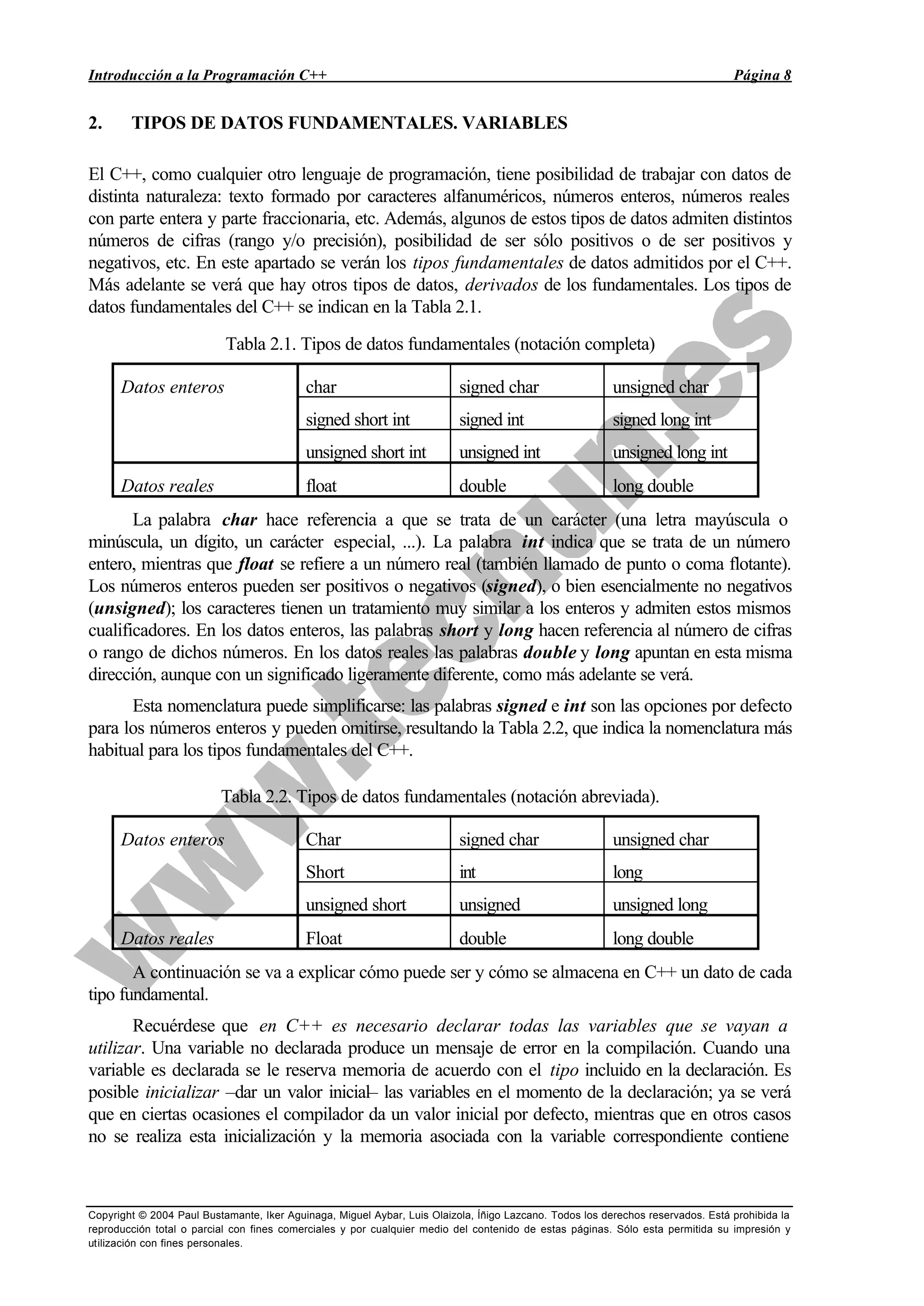 Introducción a la Programación C++ Página 8
Copyright © 2004 Paul Bustamante, Iker Aguinaga, Miguel Aybar, Luis Olaizola, Íñigo Lazcano. Todos los derechos reservados. Está prohibida la
reproducción total o parcial con fines comerciales y por cualquier medio del contenido de estas páginas. Sólo esta permitida su impresión y
utilización con fines personales.
2. TIPOS DE DATOS FUNDAMENTALES. VARIABLES
El C++, como cualquier otro lenguaje de programación, tiene posibilidad de trabajar con datos de
distinta naturaleza: texto formado por caracteres alfanuméricos, números enteros, números reales
con parte entera y parte fraccionaria, etc. Además, algunos de estos tipos de datos admiten distintos
números de cifras (rango y/o precisión), posibilidad de ser sólo positivos o de ser positivos y
negativos, etc. En este apartado se verán los tipos fundamentales de datos admitidos por el C++.
Más adelante se verá que hay otros tipos de datos, derivados de los fundamentales. Los tipos de
datos fundamentales del C++ se indican en la Tabla 2.1.
Tabla 2.1. Tipos de datos fundamentales (notación completa)
Datos enteros char signed char unsigned char
signed short int signed int signed long int
unsigned short int unsigned int unsigned long int
Datos reales float double long double
La palabra char hace referencia a que se trata de un carácter (una letra mayúscula o
minúscula, un dígito, un carácter especial, ...). La palabra int indica que se trata de un número
entero, mientras que float se refiere a un número real (también llamado de punto o coma flotante).
Los números enteros pueden ser positivos o negativos (signed), o bien esencialmente no negativos
(unsigned); los caracteres tienen un tratamiento muy similar a los enteros y admiten estos mismos
cualificadores. En los datos enteros, las palabras short y long hacen referencia al número de cifras
o rango de dichos números. En los datos reales las palabras double y long apuntan en esta misma
dirección, aunque con un significado ligeramente diferente, como más adelante se verá.
Esta nomenclatura puede simplificarse: las palabras signed e int son las opciones por defecto
para los números enteros y pueden omitirse, resultando la Tabla 2.2, que indica la nomenclatura más
habitual para los tipos fundamentales del C++.
Tabla 2.2. Tipos de datos fundamentales (notación abreviada).
Datos enteros Char signed char unsigned char
Short int long
unsigned short unsigned unsigned long
Datos reales Float double long double
A continuación se va a explicar cómo puede ser y cómo se almacena en C++ un dato de cada
tipo fundamental.
Recuérdese que en C++ es necesario declarar todas las variables que se vayan a
utilizar. Una variable no declarada produce un mensaje de error en la compilación. Cuando una
variable es declarada se le reserva memoria de acuerdo con el tipo incluido en la declaración. Es
posible inicializar –dar un valor inicial– las variables en el momento de la declaración; ya se verá
que en ciertas ocasiones el compilador da un valor inicial por defecto, mientras que en otros casos
no se realiza esta inicialización y la memoria asociada con la variable correspondiente contiene
 