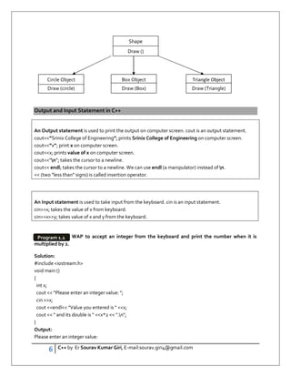 6 C++ by Er Sourav Kumar Giri, E-mail:sourav.giri4@gmail.com
Output and Input Statement in C++
An Output statement is used to print the output on computer screen. cout is an output statement.
cout”Srinix College of Engineering”; prints Srinix College of Engineering on computer screen.
cout”x”; print x on computer screen.
coutx; prints value of x on computer screen.
cout”n”; takes the cursor to a newline.
cout endl; takes the cursor to a newline. We can use endl (a manipulator) instead of n.
 (two less than signs) is called insertion operator.
An Input statement is used to take input from the keyboard. cin is an input statement.
cinx; takes the value of x from keyboard.
cinxy; takes value of x and y from the keyboard.
WAP to accept an integer from the keyboard and print the number when it is
multiplied by 2.
Solution:
#include iostream.h
void main ()
{
int x;
cout  Please enter an integer value: ;
cin x;
cout endl Value you entered is  x;
cout   and its double is  x*2  .n;
}
Output:
Please enter an integer value:
Shape
Draw ()
Triangle Object
Draw (Triangle)
Box Object
Draw (Box)
Draw (circle)
Circle Object
Program 1.1
 