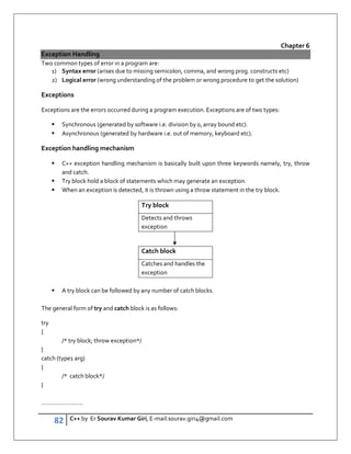 82 C++ by Er Sourav Kumar Giri, E-mail:sourav.giri4@gmail.com
Chapter 6
Exception Handling
Two common types of error in a program are:
1) Syntax error (arises due to missing semicolon, comma, and wrong prog. constructs etc)
2) Logical error (wrong understanding of the problem or wrong procedure to get the solution)
Exceptions
Exceptions are the errors occurred during a program execution. Exceptions are of two types:
 Synchronous (generated by software i.e. division by 0, array bound etc).
 Asynchronous (generated by hardware i.e. out of memory, keyboard etc).
Exception handling mechanism
 C++ exception handling mechanism is basically built upon three keywords namely, try, throw
and catch.
 Try block hold a block of statements which may generate an exception.
 When an exception is detected, it is thrown using a throw statement in the try block.
Try block
Detects and throws
exception
Catch block
Catches and handles the
exception
 A try block can be followed by any number of catch blocks.
The general form of try and catch block is as follows:
try
{
/* try block; throw exception*/
}
catch (type1 arg)
{
/* catch block*/
}
…………………….
 