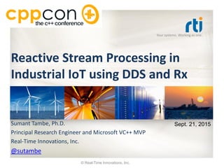 Your systems. Working as one.
Reactive Stream Processing in
Industrial IoT using DDS and Rx
Sumant Tambe, Ph.D.
Principal Research Engineer and Microsoft VC++ MVP
Real-Time Innovations, Inc.
@sutambe
Sept. 21, 2015
© Real-Time Innovations, Inc.
 