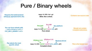 Pure / Binary wheels
9
mypy-0.950-py3-none-any.whl
Pure wheel.
Any impl
Any ABI
Any platform
Should not contain
compiled e...