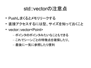 std::vectorע 
? Pushޤȥ` 
? ֱӥˤ֪͡äƤ 
? vector::vector<Point> 
C ݥ󥿤Υݥ󥿤ߤʤȤǤ 
C ǥ`󤴤Ȥ؏յ_ꡢ 
C һݤ˲դ 
 