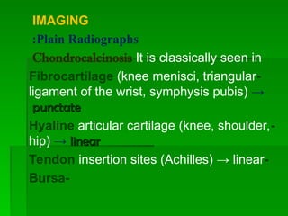 IMAGING
Plain Radiographs
:
Chondrocalcinosis It is classically seen in
-
Fibrocartilage (knee menisci, triangular
ligament of the wrist, symphysis pubis) →
punctate
punctate
-
Hyaline articular cartilage (knee, shoulder,
hip) → linear
linear
-
Tendon insertion sites (Achilles) → linear
-
Bursa
 