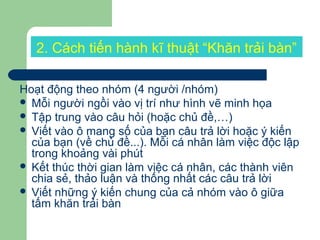 2. Cách tiến hành kĩ thuật “Khăn trải bàn”
Hoạt động theo nhóm (4 người /nhóm)
 Mỗi người ngồi vào vị trí như hình vẽ minh họa
 Tập trung vào câu hỏi (hoặc chủ đề,…)
 Viết vào ô mang số của bạn câu trả lời hoặc ý kiến
của bạn (về chủ đề...). Mỗi cá nhân làm việc độc lập
trong khoảng vài phút
 Kết thúc thời gian làm việc cá nhân, các thành viên
chia sẻ, thảo luận và thống nhất các câu trả lời
 Viết những ý kiến chung của cả nhóm vào ô giữa
tấm khăn trải bàn
 