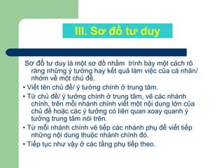 III. Sơ đồ tư duy
Sơ đồ tư duy là một sơ đồ nhằm trình bày một cách rõ
ràng những ý tưởng hay kết quả làm việc của cá nhân/
nhóm về một chủ đề.
• Viết tên chủ đề/ ý tưởng chính ở trung tâm.
• Từ chủ đề/ ý tưởng chính ở trung tâm, vẽ các nhánh
chính, trên mỗi nhánh chính viết một nội dung lớn của
chủ đề hoặc các ý tưởng có liên quan xoay quanh ý
tưởng trung tâm nói trên.
• Từ mỗi nhánh chính vẽ tiếp các nhánh phụ để viết tiếp
những nội dung thuộc nhánh chính đó.
• Tiếp tục như vậy ở các tầng phụ tiếp theo.
 