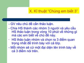 X. Kĩ thuật “Chúng em biết 3”
- GV nêu chủ đề cần thảo luận.
- Chia HS thành các nhóm 3 người và yêu cầu
HS thảo luận trong vòng 10 phút về những gì
mà các em biết về chủ đề này.
- HS thảo luận nhóm và chọn ra 3 điểm quan
trọng nhất để trình bày với cả lớp.
- Mỗi nhóm sẽ cử một đại diện lên trình bày về
cả 3 điểm nói trên.
 