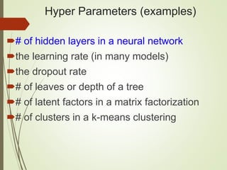 Hyper Parameters (examples)
# of hidden layers in a neural network
the learning rate (in many models)
the dropout rate
# of leaves or depth of a tree
# of latent factors in a matrix factorization
# of clusters in a k-means clustering
 