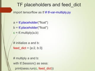 TF placeholders and feed_dict
import tensorflow as tf # tf-var-multiply.py
a = tf.placeholder("float")
b = tf.placeholder("float")
c = tf.multiply(a,b)
# initialize a and b:
feed_dict = {a:2, b:3}
# multiply a and b:
with tf.Session() as sess:
print(sess.run(c, feed_dict))
 