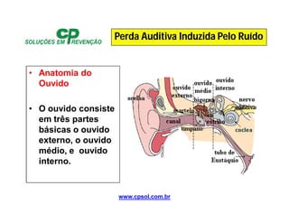 www.cpsol.com.br
Perda Auditiva Induzida Pelo Ruído
• Anatomia do
Ouvido
• O ouvido consiste
em três partes
básicas o ouvido
externo, o ouvido
médio, e ouvido
interno.
 