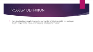 PROBLEM DEFINITION
 Here details about now playing movies and number of tickets available in a particular
theatre for particular movie , movie details, ticket cost for register
 