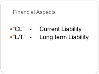 Financial Aspects
“CL” - Current Liability
“L/T” - Long term Liability
 