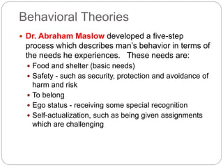 Behavioral Theories
 Dr. Abraham Maslow developed a five-step
process which describes man’s behavior in terms of
the needs he experiences. These needs are:
 Food and shelter (basic needs)
 Safety - such as security, protection and avoidance of
harm and risk
 To belong
 Ego status - receiving some special recognition
 Self-actualization, such as being given assignments
which are challenging
 