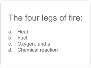 The four legs of fire:
a. Heat
b. Fuel
c. Oxygen, and a
d. Chemical reaction
 