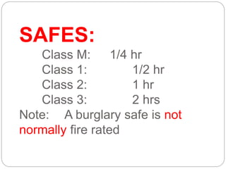 SAFES:
Class M: 1/4 hr
Class 1: 1/2 hr
Class 2: 1 hr
Class 3: 2 hrs
Note: A burglary safe is not
normally fire rated
 