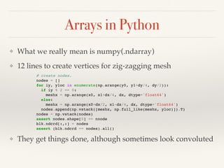 Arrays in Python
❖ What we really mean is numpy(.ndarray)
❖ 12 lines to create vertices for zig-zagging mesh
❖ They get things done, although sometimes look convoluted
# create nodes.
nodes = []
for iy, yloc in enumerate(np.arange(y0, y1+dy/4, dy/2)):
if iy % 2 == 0:
meshx = np.arange(x0, x1+dx/4, dx, dtype='float64')
else:
meshx = np.arange(x0+dx/2, x1-dx/4, dx, dtype='float64')
nodes.append(np.vstack([meshx, np.full_like(meshx, yloc)]).T)
nodes = np.vstack(nodes)
assert nodes.shape[0] == nnode
blk.ndcrd[:,:] = nodes
assert (blk.ndcrd == nodes).all()
 