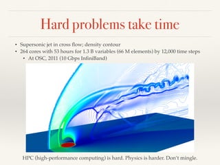 Hard problems take time
• Supersonic jet in cross ﬂow; density contour
• 264 cores with 53 hours for 1.3 B variables (66 M elements) by 12,000 time steps
• At OSC, 2011 (10 Gbps InﬁniBand)
HPC (high-performance computing) is hard. Physics is harder. Don’t mingle.
 